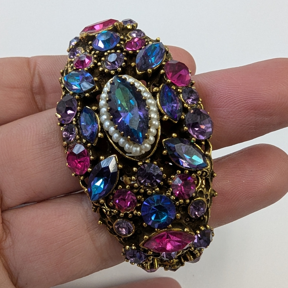 EVC SIGNED WEISS GOLD TONE CRYSTAL RHINESTONES & FX PEARLS HINGE BRACELET & EARR - Picture 7 of 14